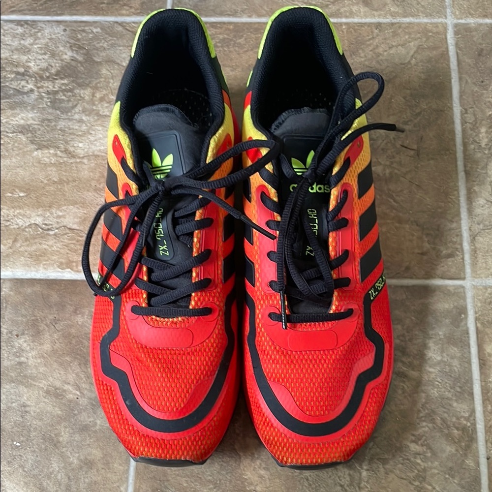 Adidas Red and Black Athletic Shoes with Neon Accents